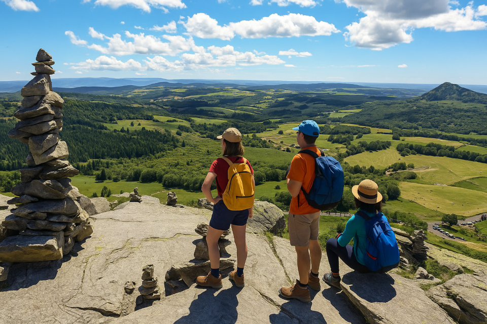 Randonneurs au sommet du Mont Gerbier de Jonc admirant la vallée verdoyante et les cairns en pierre